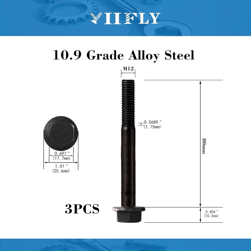YIIFLY M12 x 80mm Flanged Hex Head Bolts Flange Hexagon Screws, M12x1.75 Bolt, 10.9 Grade Alloy Steel, Hexagon Head Bolts, Black Zinc Finish, Half Thread, Quantity 3 - Image 3